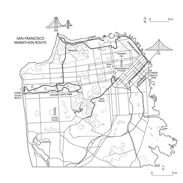 San francisco marathon route map vector drawing featuring golden gate park and oracle park.