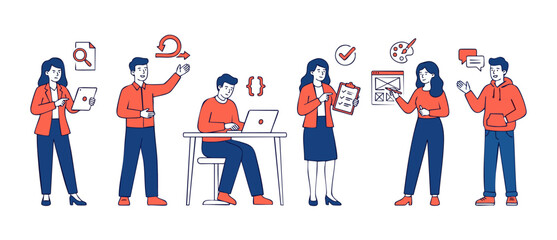 Fototapeta premium Software Development Team Workflow Illustration, Agile Project Management Icons, Business People Working in IT Office, Collaboration Concept, Digital Product Design, Coding Coding and UI UX Strategy