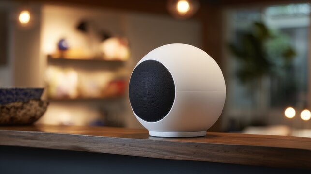 A sleek, spherical white smart speaker with a black grille rests on a wooden surface