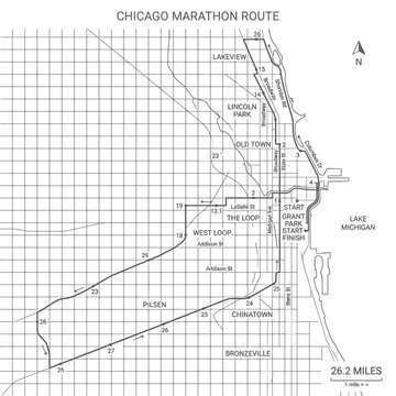Chicago marathon route map showing major roads neighborhoods and points of interest on transparent background.