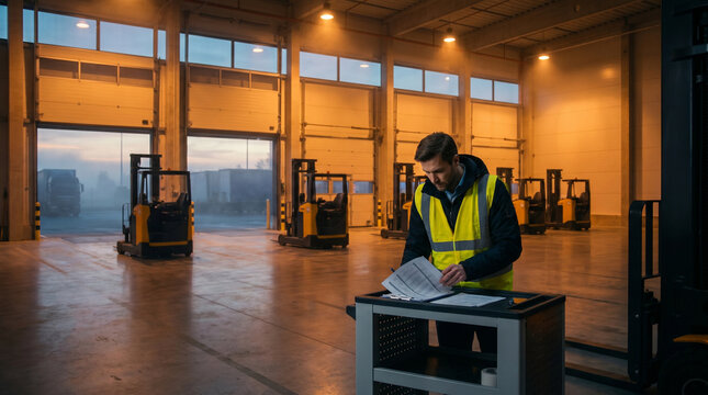 Predawn cross-docking warehouse interior with amber sodium vapor overhead lights casting long shadows across a concrete loading bay floor, a 2