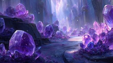 Fototapeta premium A breathtaking fantasy cave landscape filled with giant luminous purple crystal formations, illuminated by an ethereal glow