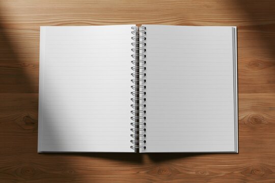 This features an open spiral notebook mockup with blank, lined pages resting on a warm wooden desk. Natural light casts subtle shadows, enhancing the texture of both the paper and the wood.