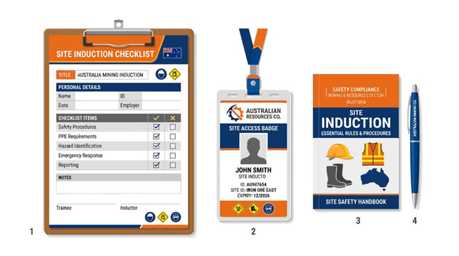 A professional site induction checklist clipboard with an identification badge, a safety handbook, and a branded pen for industrial training.