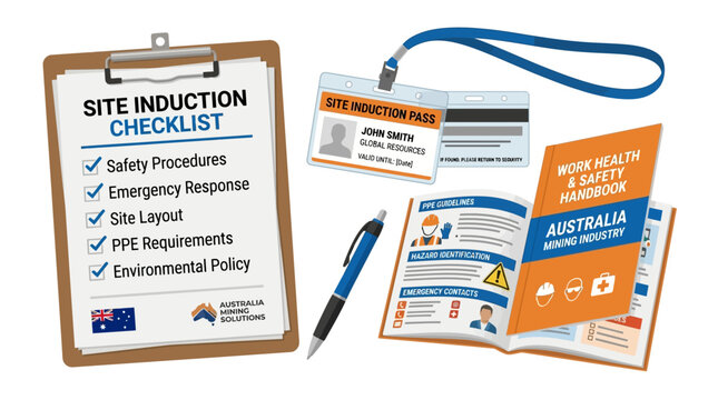 Site induction checklist clipboard with work health and safety handbook, identification badge, and pen for the Australian mining industry professionals.