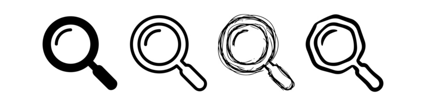 Set of Magnifying Glass Search Icons in Different Artistic Styles including Solid Outline Scribble and Hand Drawn Magnifier Symbols for Web Design and Investigation
