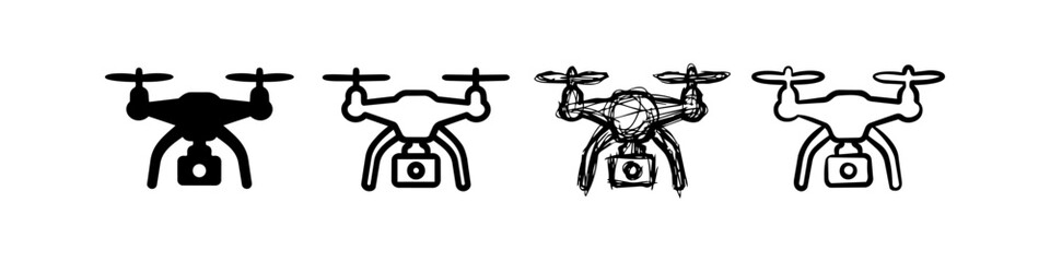 Fototapeta premium Set of Four Drone Icons in Different Graphic Styles Including Silhouette Outline and Scribble Sketch Representing Aerial Photography and Modern Technology on Isolated White Background