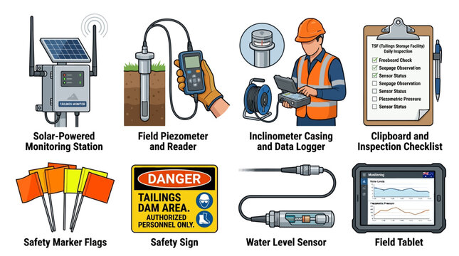 Detailed engineering illustration showcasing various geotechnical monitoring tools equipment and safety signs used for mining and tailings facility inspection procedures.