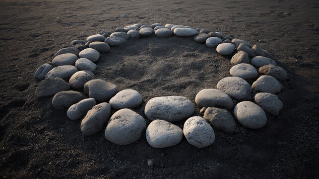 Circle of Smooth Grey Pebbles Arranged Carefully on Ground