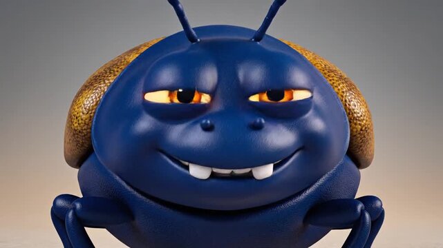 3D rendered cartoon beetle character with a dark blue body, large glowing orange eyes, and a textured golden-brown shell, featuring a happy smiling expression with visible teeth.