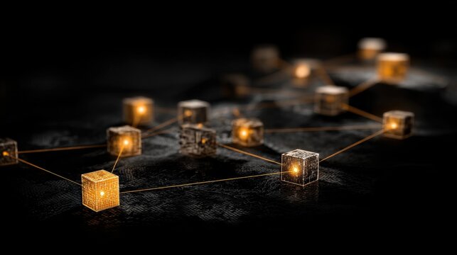Abstract network of glowing cubes representing distributed ledger technology