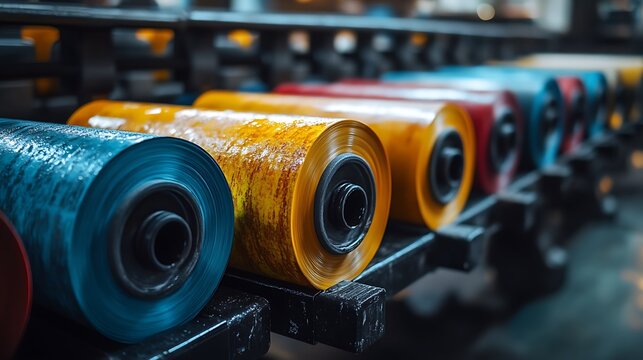 Colorful Industrial Rolls Vibrant Film on Modern Manufacturing Production Line.