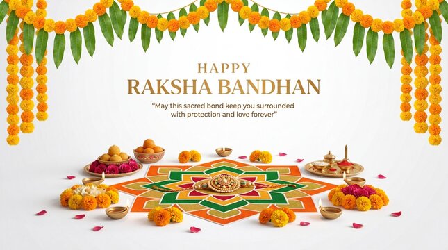 Raksha Bandhan celebration with rakhi thali, sweets, and festive garland