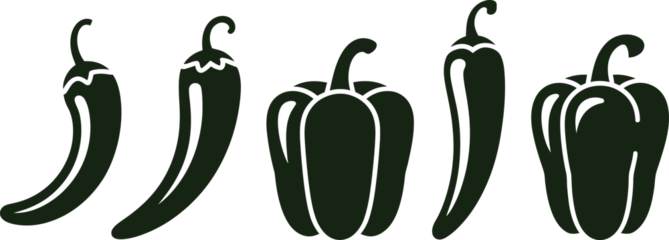 Collection of different spicy hot chili and sweet bell pepper icons in flat black style isolated over a white backdrop. © ASDF