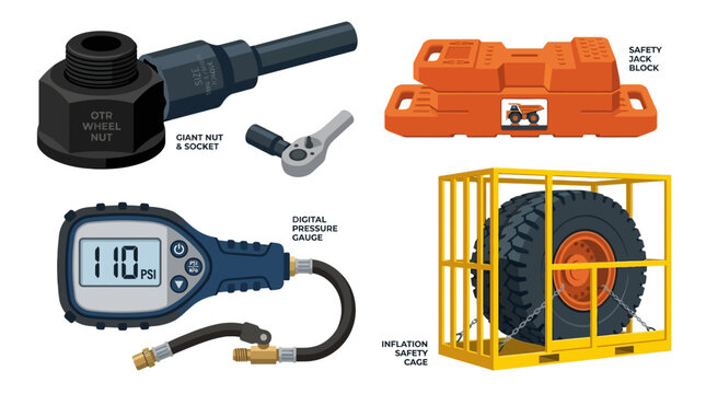 Essential heavy duty mining equipment including a massive wheel nut socket, safety jack blocks, digital pressure gauge, and inflation safety cage.