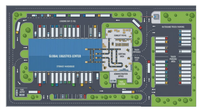 Aerial view of a large distribution warehouse with loading docks and parking lots.