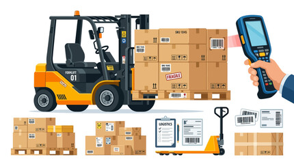 Yellow industrial forklift carries a stack of cardboard shipping boxes while a scanner reads the barcode for logistics tracking
