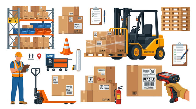 A detailed collection of warehouse logistics equipment featuring a forklift, shipping boxes, pallets, storage racks, and professional cargo scanning tools.