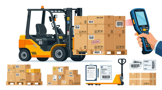 Yellow industrial forklift carries a stack of cardboard shipping boxes while a scanner reads the barcode for logistics tracking