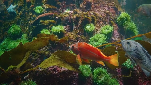 A close up shot of a fish swimming gracefully through a lush kelp forest, showcasing the vibrant underwater ecosystem.