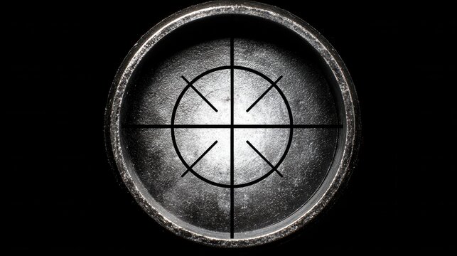 Close up of precision crosshairs etched onto metallic scope reticle