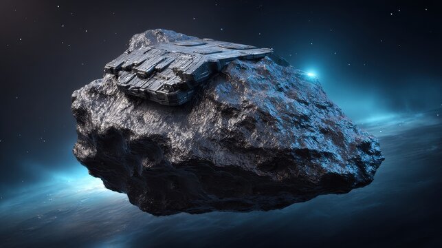 Gigantic Obsidian Asteroid with Complex Geometric Structures Floating in Deep Space
