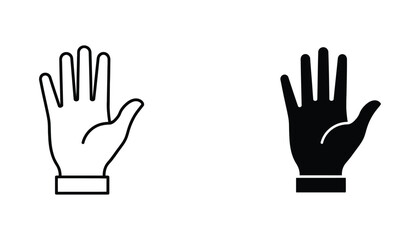 Obraz premium Human palm hand gesture line art and solid black glyph icon for open palm sign and communication or stop gesture design elements isolated on white background