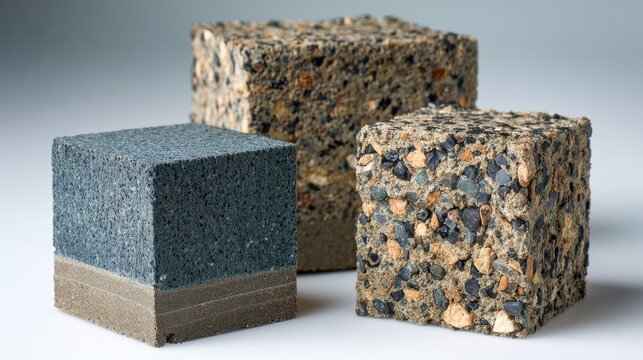 Close-up view of three textured ceramic and aggregate building material blocks, showcasing diverse textures and aggregate composition for construction and design.