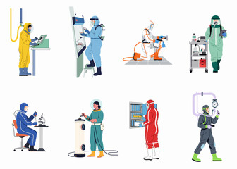 Fototapeta premium Vector illustration set of professionals in various protective suits, performing industrial, scientific, and hazardous material handling tasks in labs and factory environments.