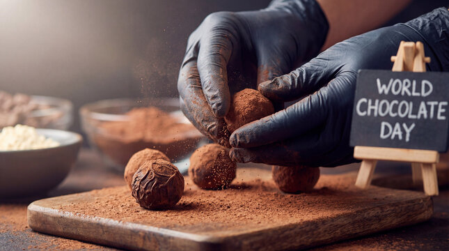 Hands coating chocolate truffles with cocoa powder for world chocolate day artisanal dessert making confectionery celebration plus gourmet food closeup plus festive culinary craft joy