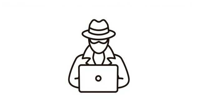 Minimalist hacker, anonymous person, laptop icon, black and white line art