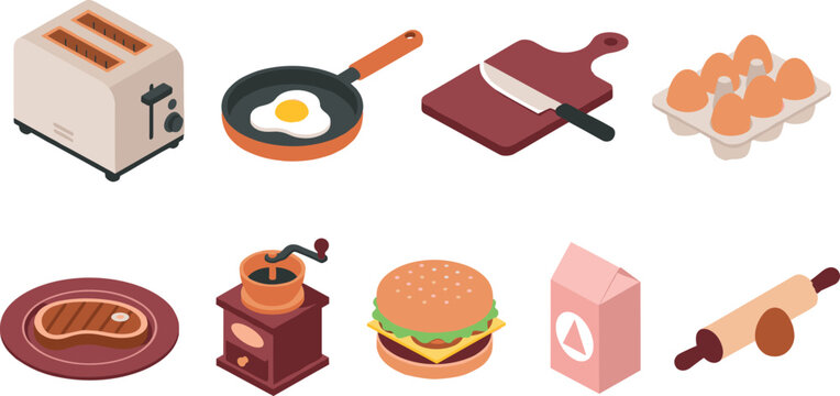 Isometric Kitchen Utensils and Food Icon Set Featuring Toaster Frying Pan Eggs Burger Coffee Grinder and Cooking Tools for Culinary Apps Restaurant Menus and Kitchenware Design