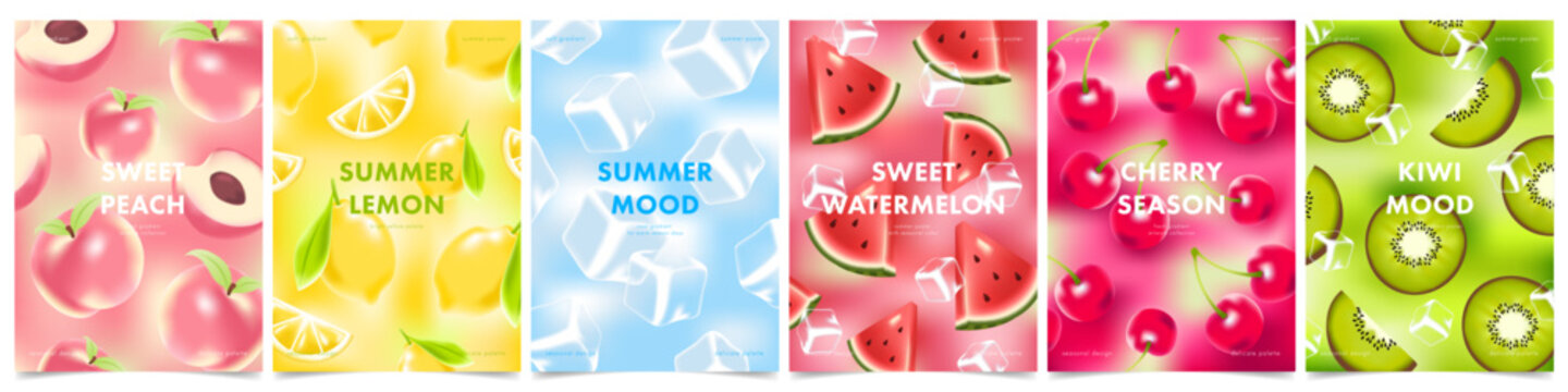 Mesh gradient fruit card collection with glossy fruits, soft blurred backgrounds and vibrant seasonal posters, ideal for juice labels, food packaging, menus, ads and summer market promotions.
