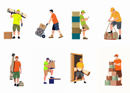Flat vector illustration set of delivery men and movers carrying boxes, rugs, and equipment, performing logistics and shipping tasks on white background.