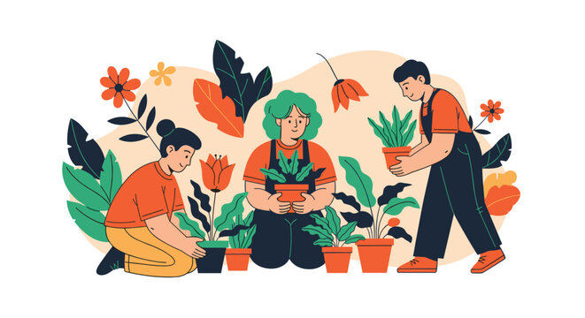 Group of garden enthusiasts working together to plant and care for various potted plants and colorful flowers.