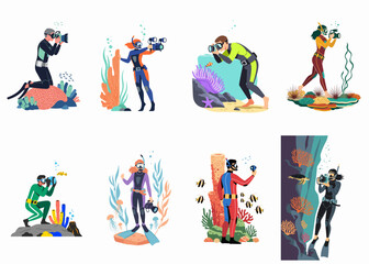 Set of flat vector illustrations featuring diverse scuba divers and snorkelers capturing underwater photographs and videos of coral reefs and marine life. © Nafa Project