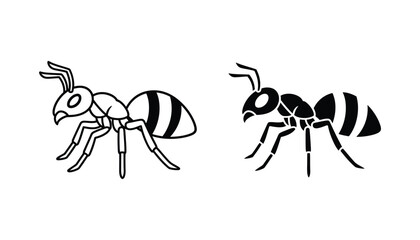 Ant insect symbol in detailed outline and solid black silhouette styles for biology or pest control graphic design © Creative
