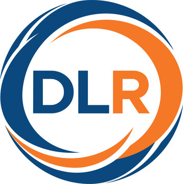 Modern geometric DLR letter logo vector icon with interlocking circular blue and orange swooshes isolated on white..eps
