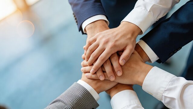 Business team stacking hands together in unity symbolizing partnership collaboration and success in the corporate office environment diverse professionals joining forces for a