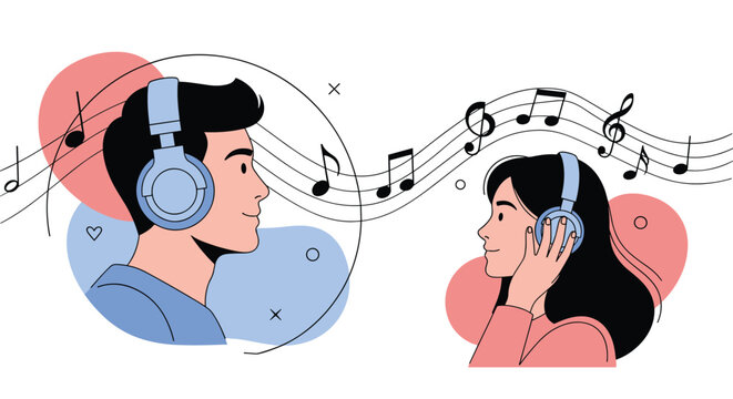 Man and woman enjoying music while wearing blue headphones with melodic notes and staff lines flowing between them in a flat style illustration.