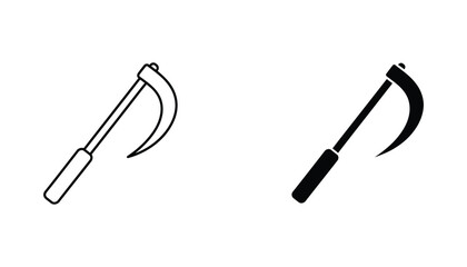 Obraz premium Scythe farming tool icon in linear and solid black glyph styles for agricultural design and historical harvest themed graphic assets
