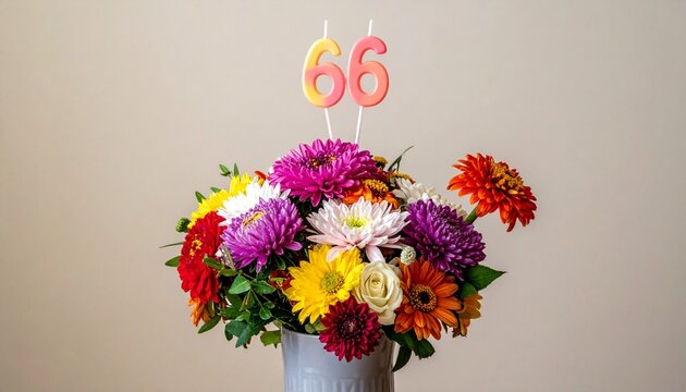 Vibrant Flower Bouquet with Number 66 for Birthday or Anniversary Celebration