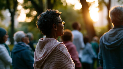 Obraz premium Cinematic wide view of softly silhouetted senior figures gathered in a bright softly defocused park exercise class with a personal trainer figure leading senior exercise fitness