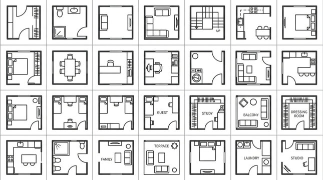 Collection of diverse floor plan designs for residential spaces.