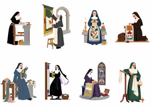 Collection of illustrations depicting nuns engaged in various traditional textile crafts like weaving, embroidery, and knitting in a convent setting.