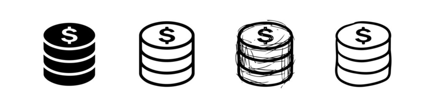 Set of dollar coin stack icons in four distinct styles including flat solid, thin outline, sketchy hand drawn and smooth doodle for finance, business and banking graphic design.