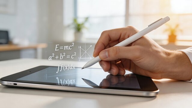 Hand holding stylus pen over digital tablet with holographic math equations including Einstein formula calculus and geometry graph symbolizing modern education elearning STEM
