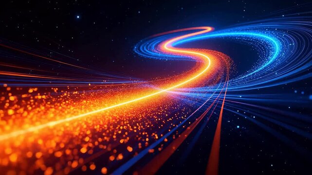 Abstract space vortex with blue and orange spiral light trails and energy particles