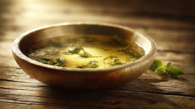 Warm Herbal Tea in a Rustic Bowl on a Wooden Table