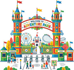Fototapeta premium Colorful entrance arch to adventure park with ticket booths and crowds.